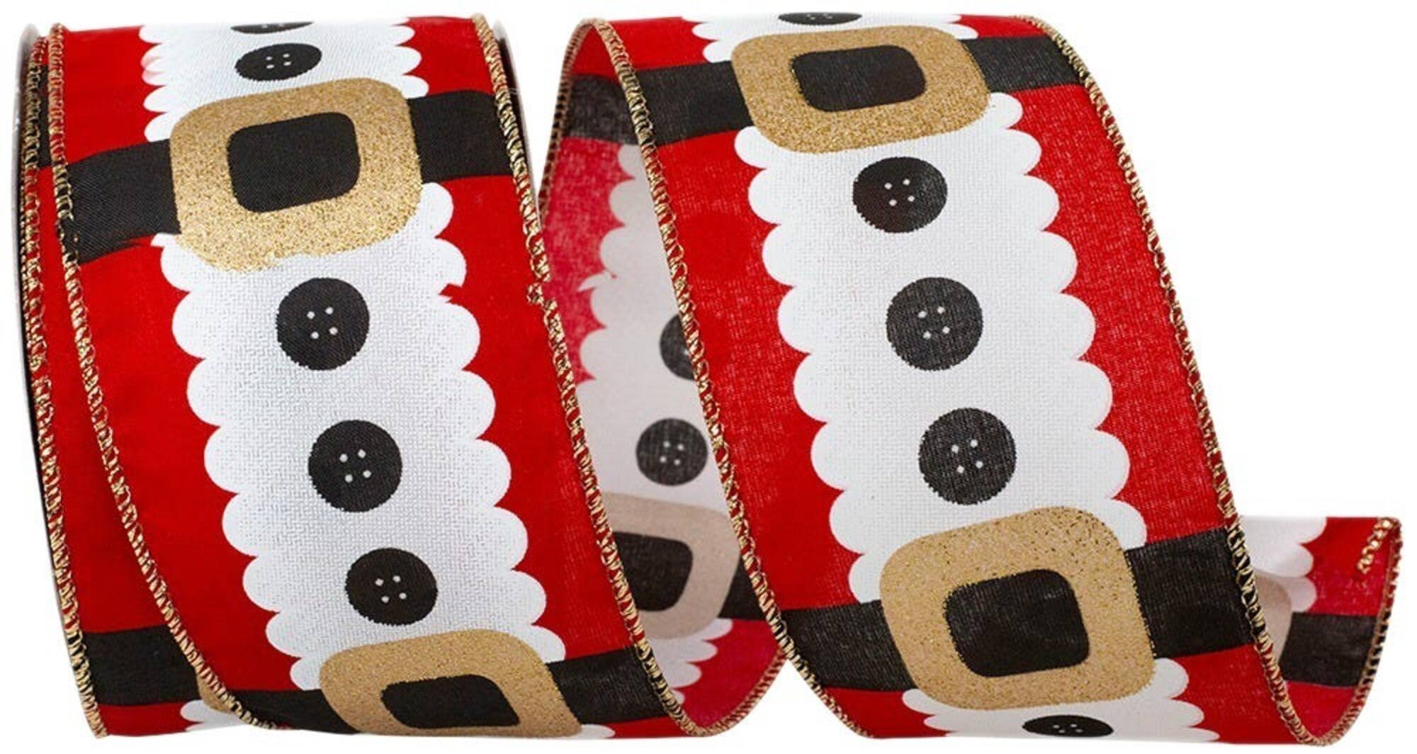 JAM Paper 2.5" x 10yd. Red & White Santa Buttons & Belt Christmas Wired Edge Ribbon